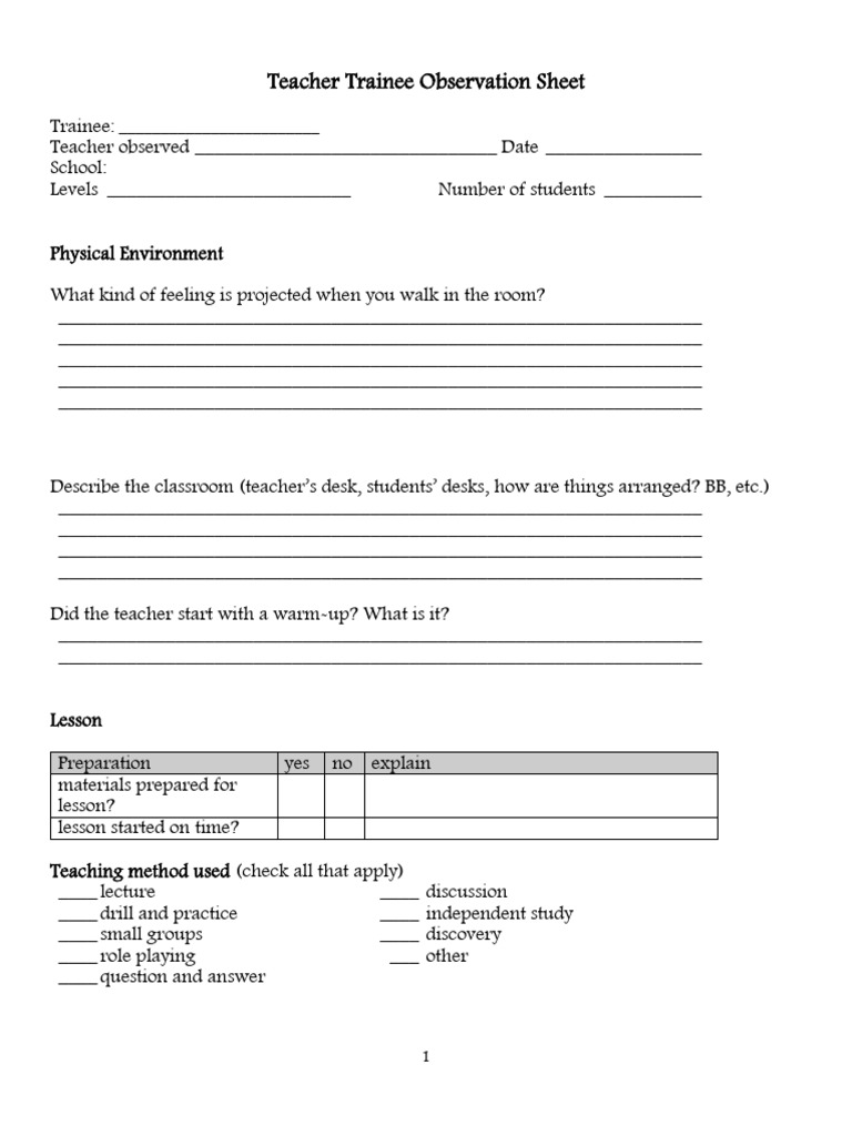 Teacher Trainee Observation Template | PDF | Teachers | Classroom