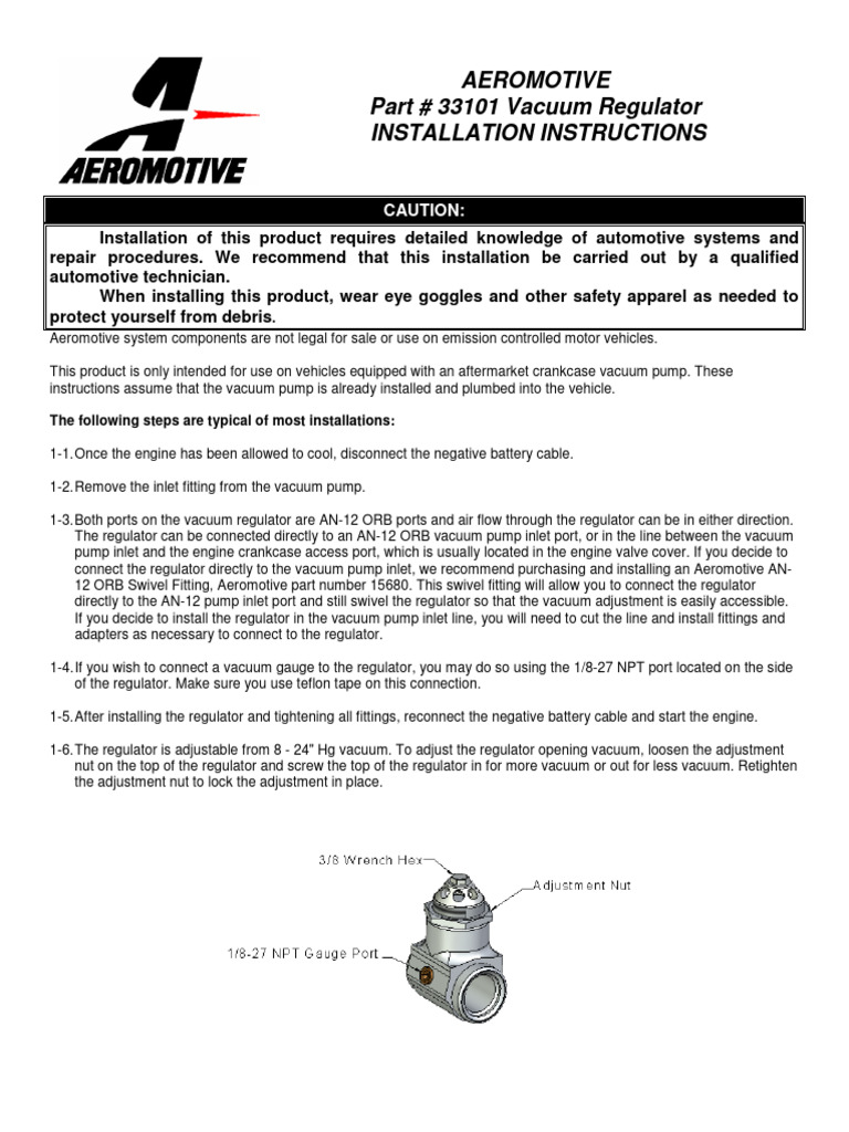 Aeromotive Part 33101 Vacuum Regulator Installation Instructions