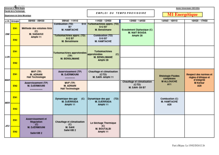 Emploi du temps M1 Energétique 2023/2024 | PDF | Phénomène de transfert ...