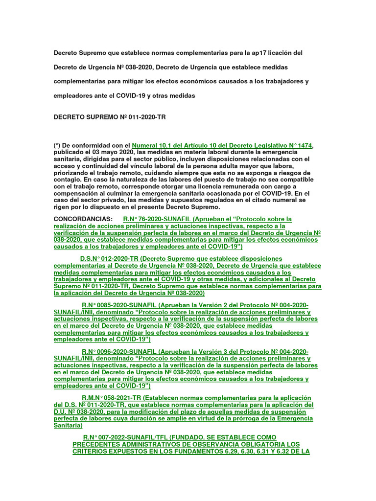 Decreto Supremo Que Establece Normas Complementarias para La Ap17 ...