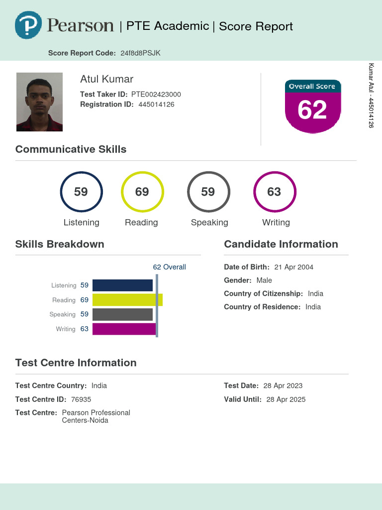 PTE Score Report: Overall 62 | PDF