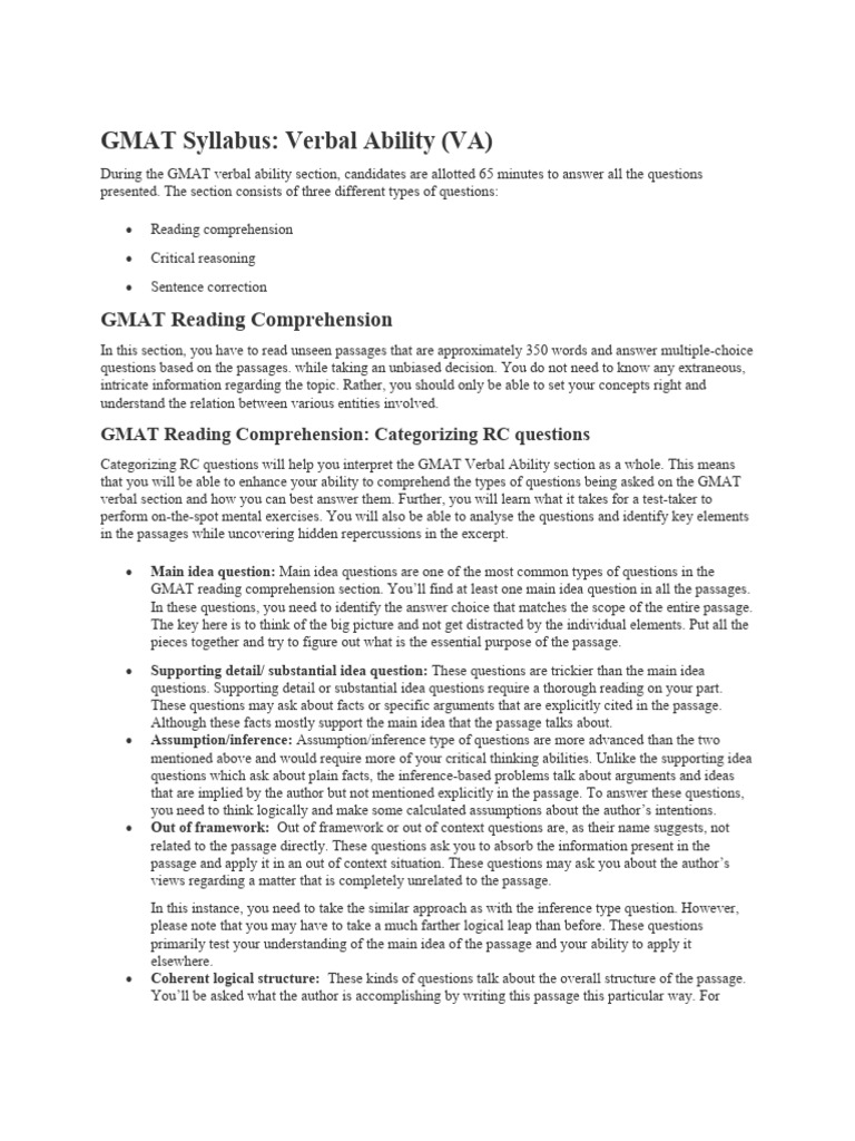 GMAT Verbal Ability: Reading Comprehension | PDF | Graduate Management ...