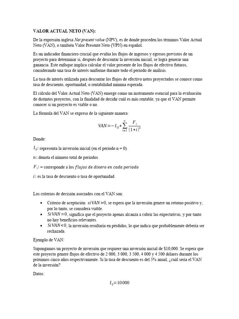 Definición y Cálculo del VAN en Finanzas | PDF | Valor presente neto ...