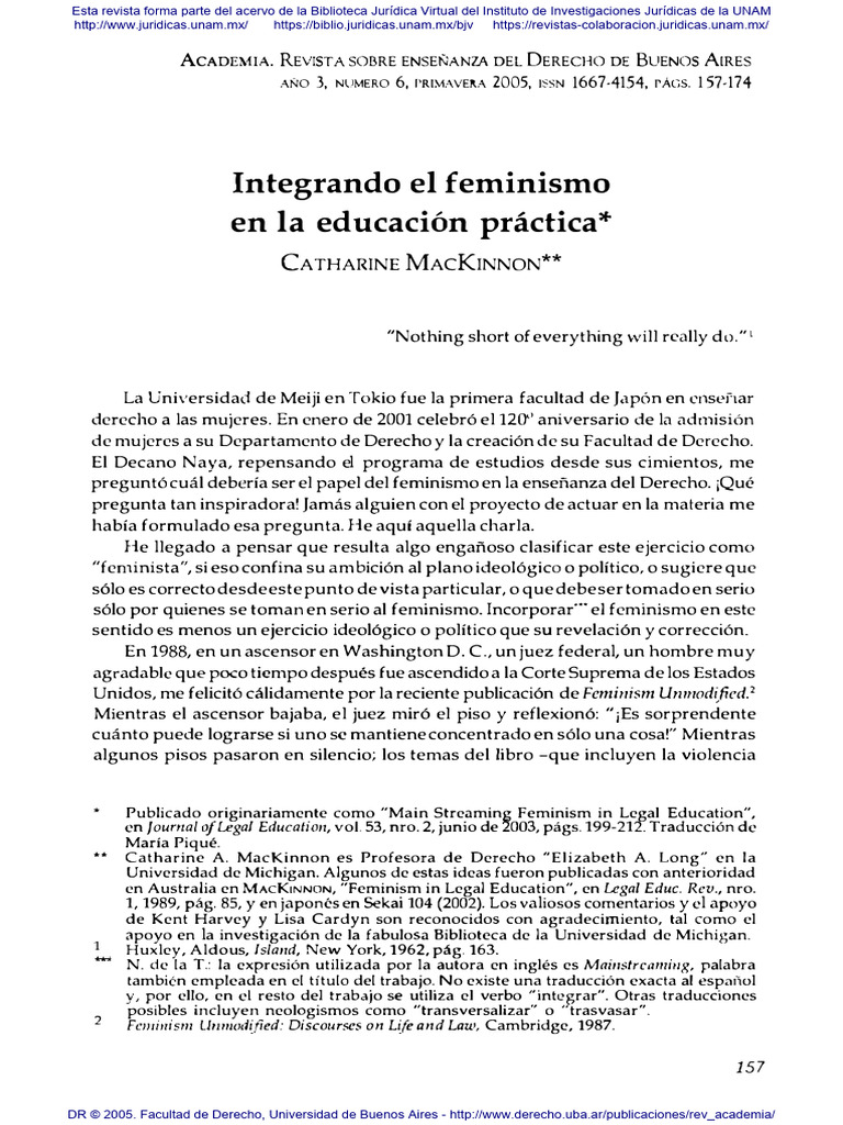 Mackinnon Catherine. Educação Juridica e Feminismo PDF Feminismo