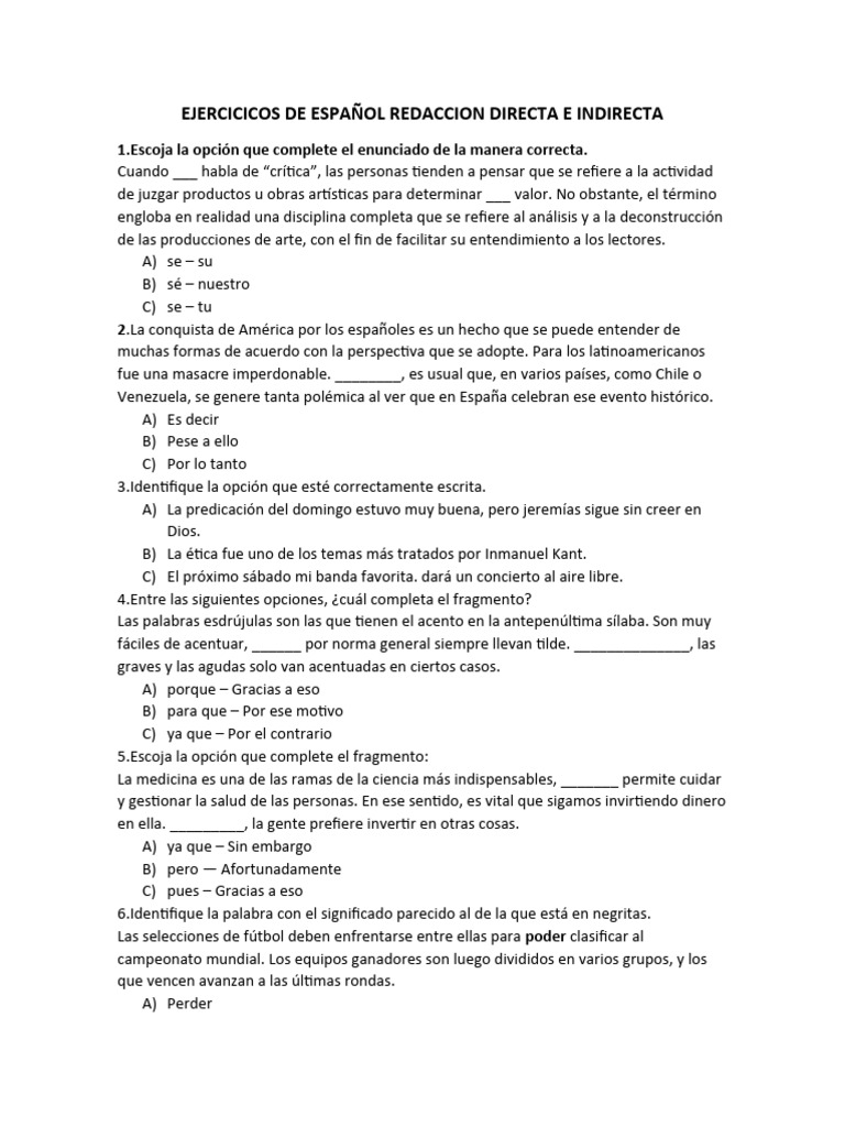 Ejercicios de Redacción en Español | PDF