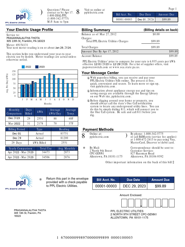 PPL Electric Utilities Sample Bill Summary | PDF
