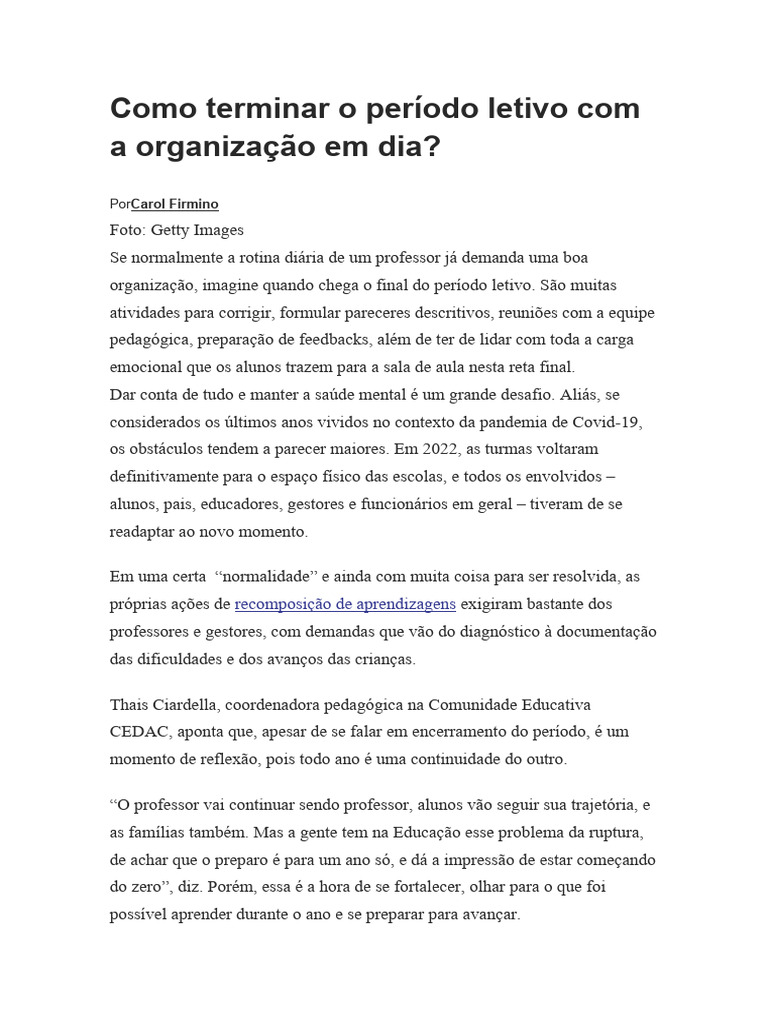 Como Terminar o Período Letivo Com A Organização em Dia | PDF
