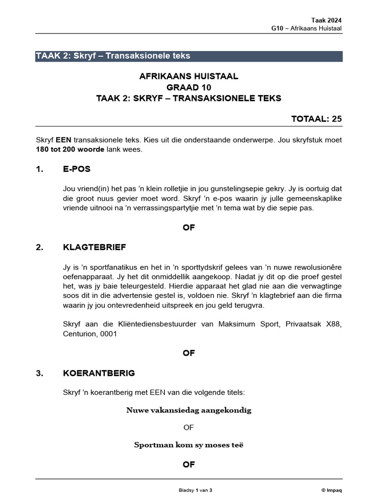 Afrikaans Huistaal Graad 10 Taak 2: Skryf - Transaksionele Teks Totaal ...