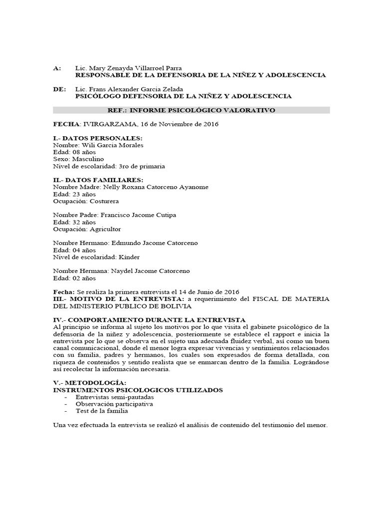 Informe Psicológico de Niño en Conflicto Familiar | PDF | Las emociones ...