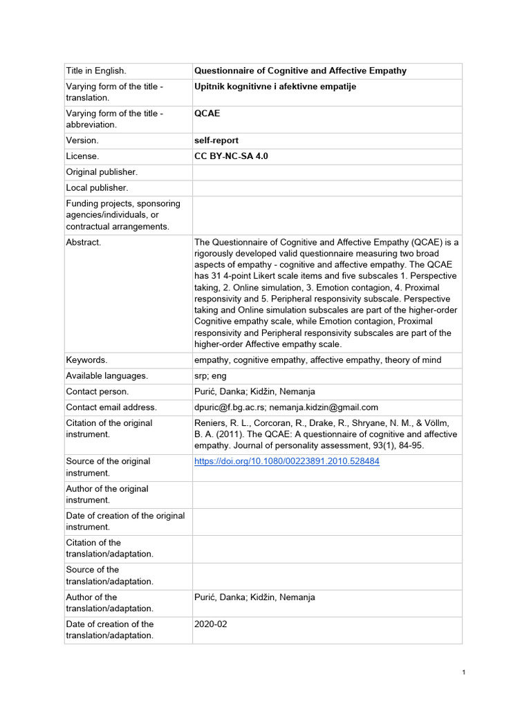 QCAE Upitnik Cognitive and Affective Empathy | PDF