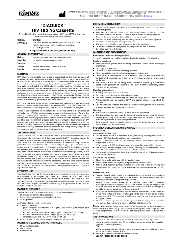 DIAQUICK HIV 1&2 Rapid Test Overview | PDF | Hiv | Hiv/Aids