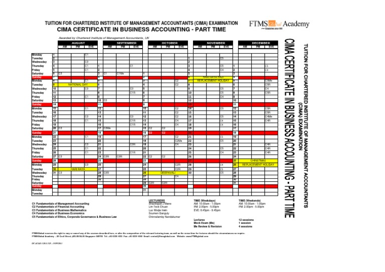 CIMA Certificate in Business Accounting Time Table (PT) August 2011 ...