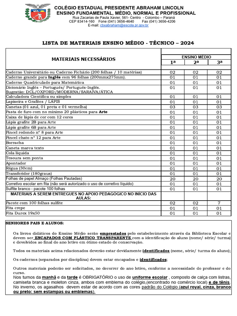 Lista de Material 2024 - Ensino Médio | PDF | Conservação e materiais ...