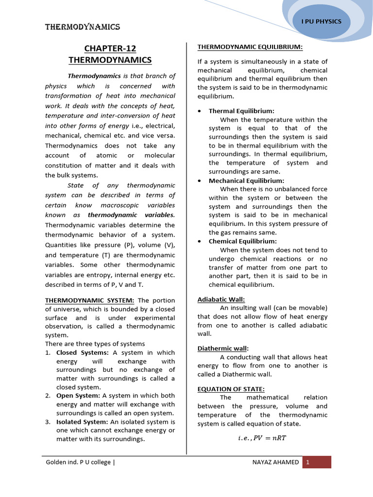 Thermodynamics for Physics Students | PDF | Heat | Thermodynamic ...