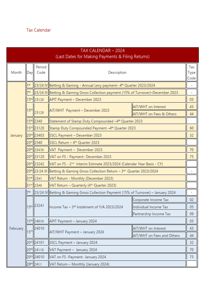 Tax Calendar 2024 PDF Finance Money Management
