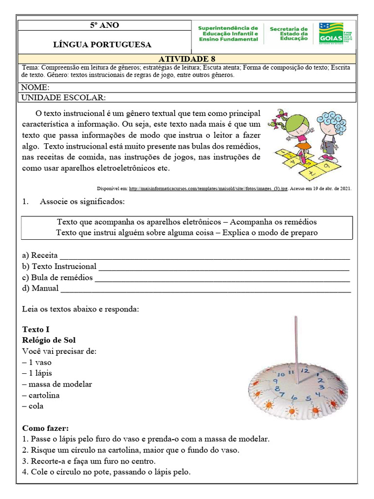 Atividades de Texto Instrucional 5º Ano | PDF | Batata | Queijo