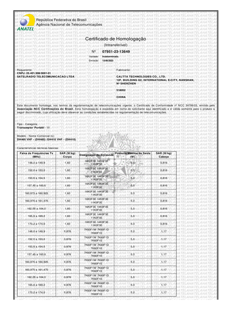 Caltta DH410 Catalogo Com Certificado de Homologação Anatel | PDF