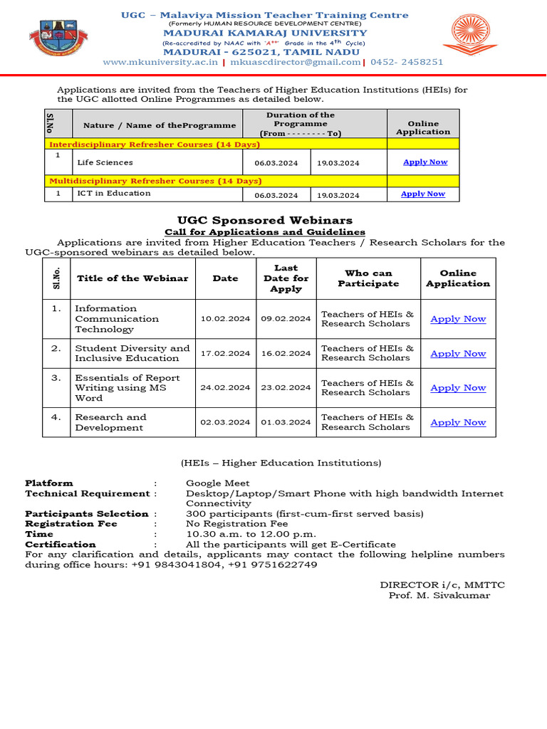 MKU UGC Refresher Courses 2024-25 | PDF | Computing