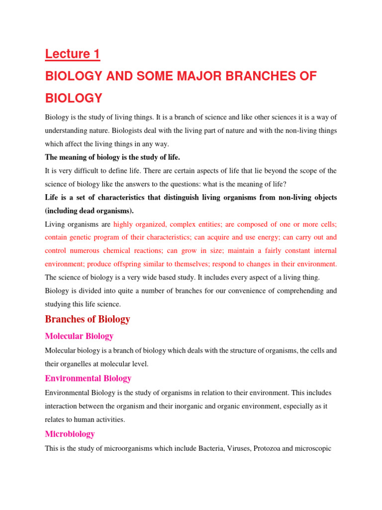 Lecture 1 2 Introduction To Biology Branches Of Biology Pdf