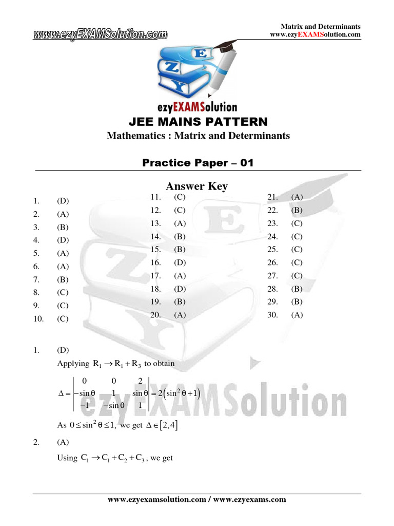 Matrix and Determinants Practice Paper | PDF | Determinant | Abstract ...