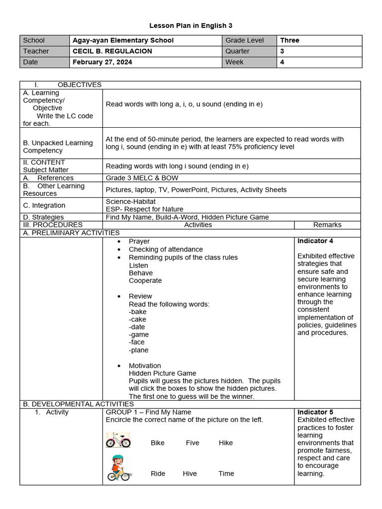 Grade 3 Lesson Plan: Long Vowel "I" Reading | PDF