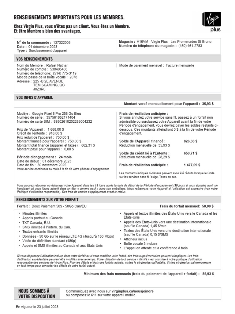 Entente de Membre Virgin Plus - Virgin Plus Membership Agreement | PDF