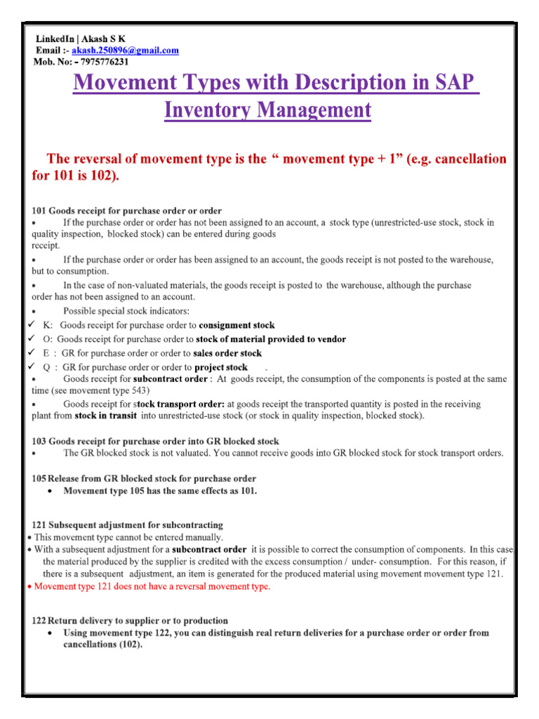 Movement Types With Description in Inventory Management | PDF
