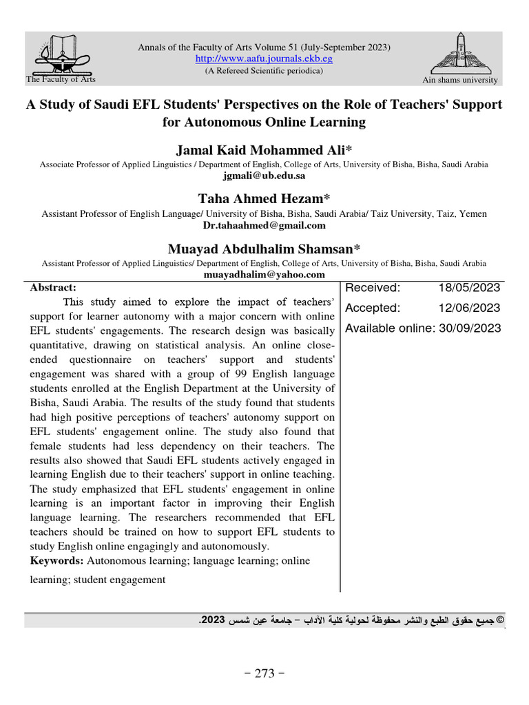 Saudi EFL Students' Views on Teacher Support | PDF | Educational ...