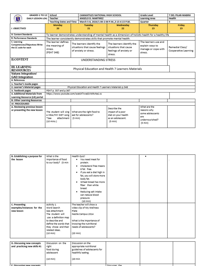Grade 7 Health Lesson Plan | PDF | Fat | Diet & Nutrition