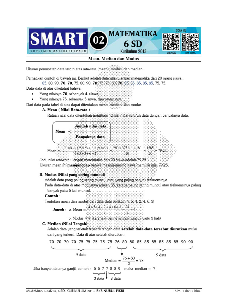 SMART02 - MATEMATIKA - 6SD - K13 - S22324 - Mean, Median Dan Modus | PDF