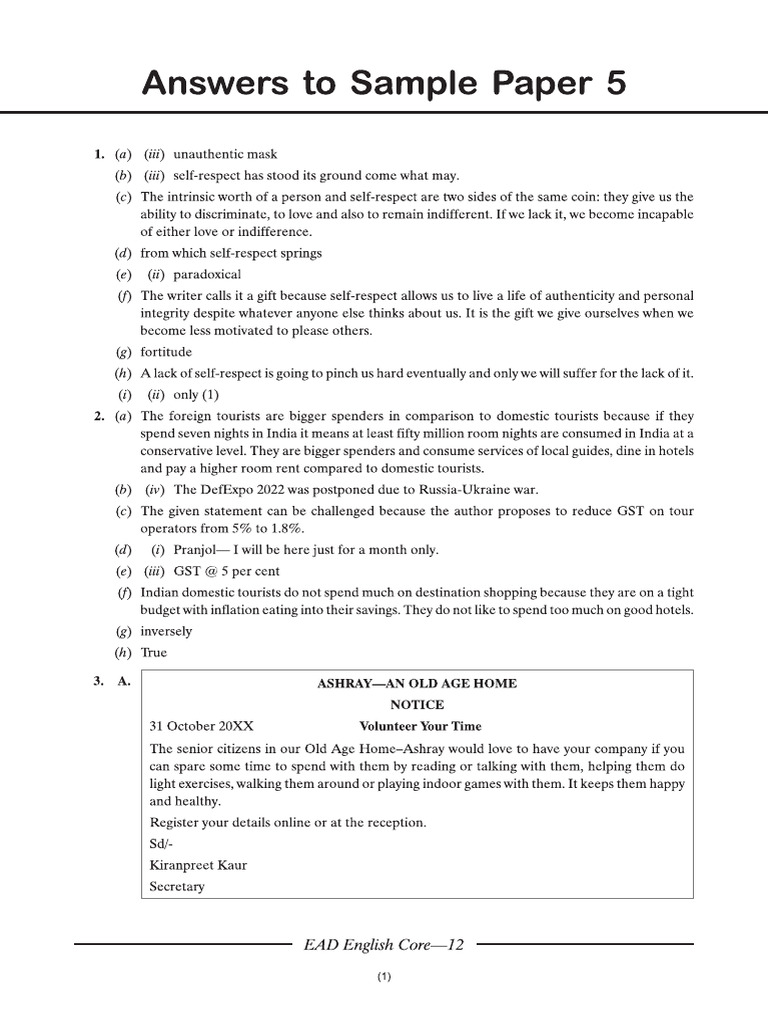 Cbse Cl12 Ead English Core Answers To Sample Paper 5 | PDF