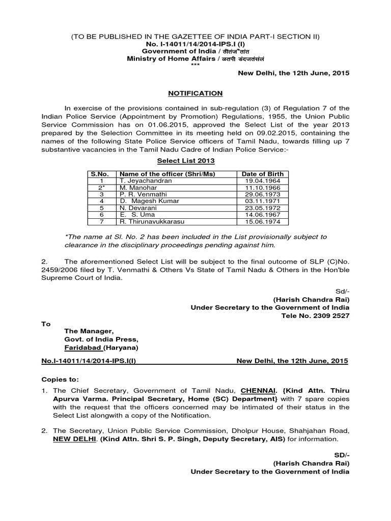 Tamil Nadu IPS Select List 2013 Notification | PDF