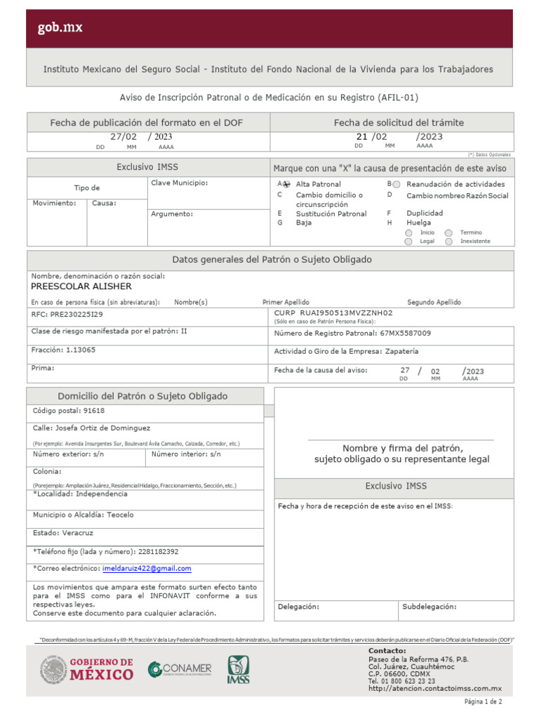 Aviso de Inscripción Patronal IMSS AFIL-01 | PDF | Ciudad de México