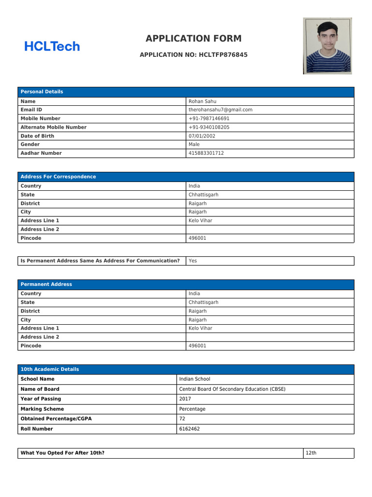 Application Form HCLTFP876845 | PDF