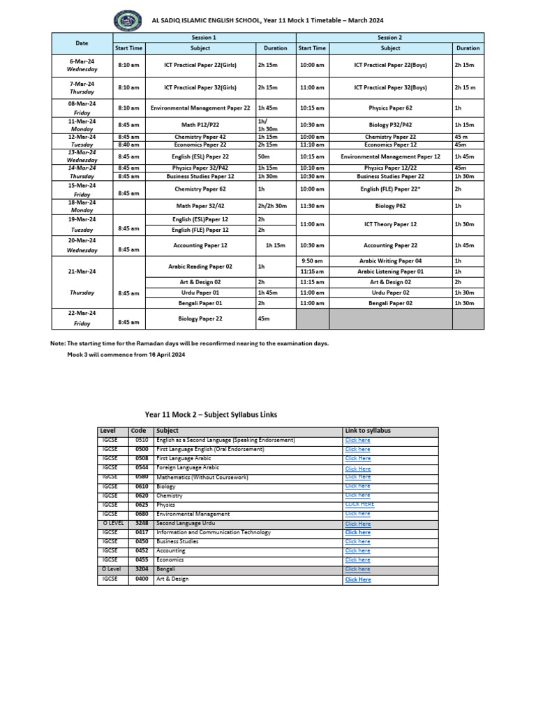 Y11 Mock 2 March 2024 TT | PDF | Qualifications | Student Assessment ...