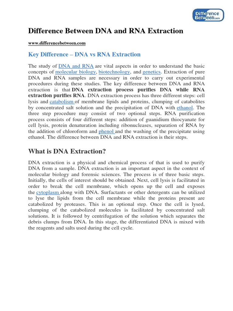 DNA vs RNA Extraction Methods Explained | PDF | Lysis | Protein ...