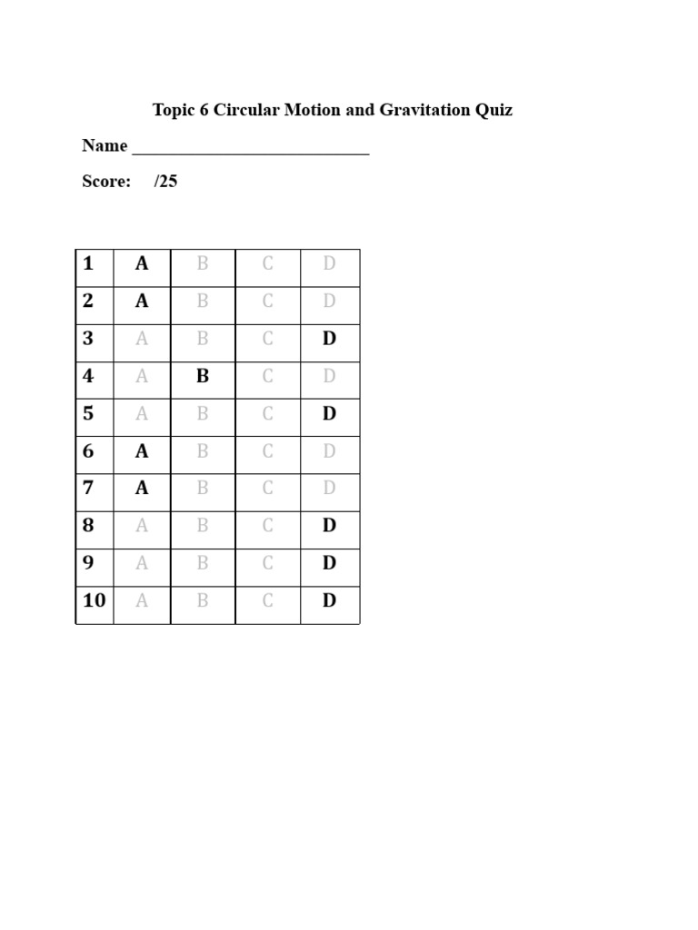 Circular Motion & Gravity Quiz | PDF | Teaching Methods & Materials