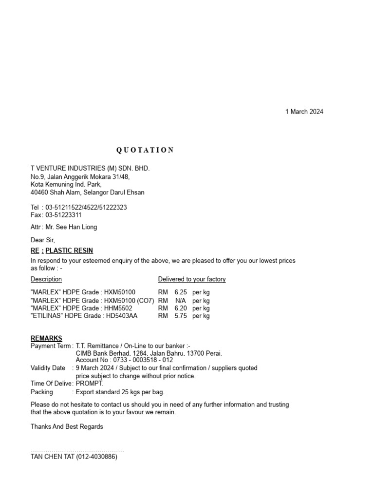 Plastic Resin Price Quotations | PDF | Chemical Substances | Plastic