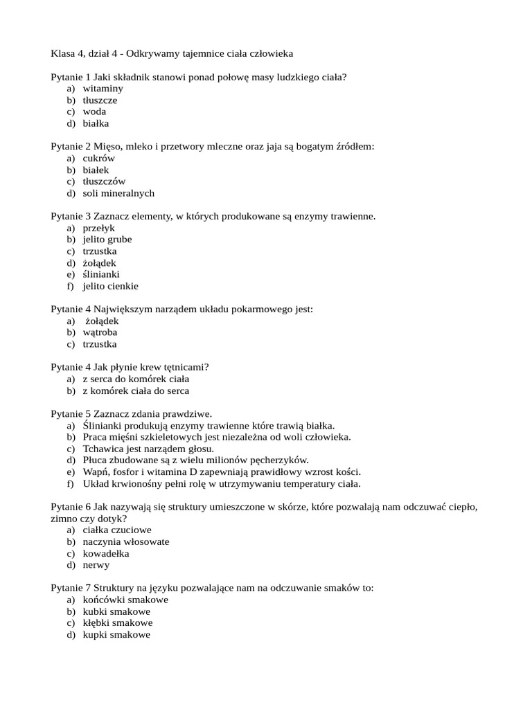 Sprawdzian Tajemnice Przyrody Klasa 4 Klasa 4, dział 4 - Odkrywamy tajemnice ciała człowieka - TEST | PDF