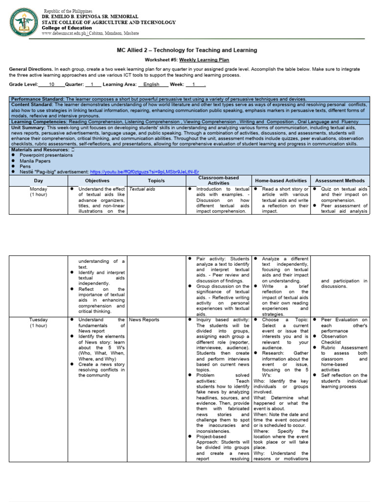 Weekly Learning Plan for Grade 10 English | PDF | Reading Comprehension ...