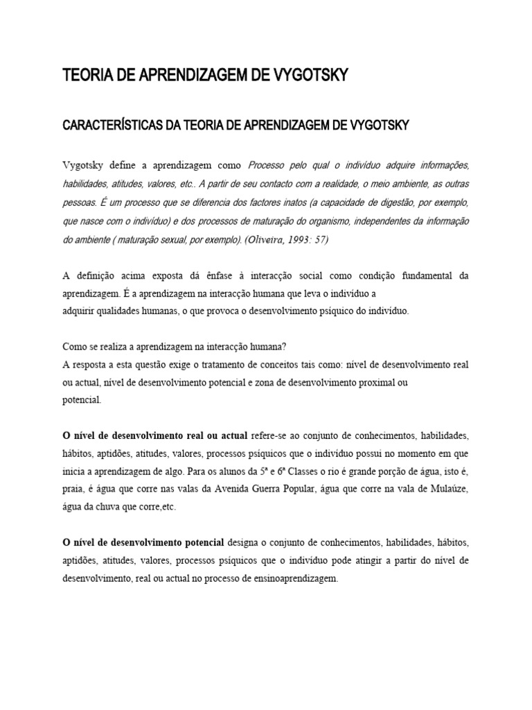 Teoria de Aprendizagem de Vygotsky | PDF
