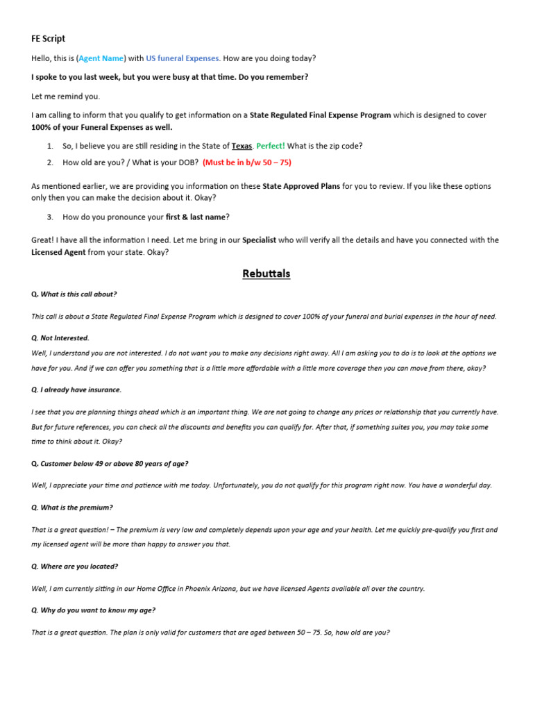 Fe script for call center pdf insurance