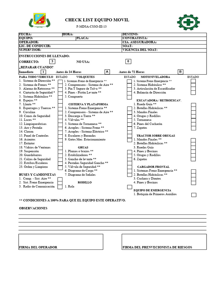 F-Check List Equipo Movil-Vigente | PDF