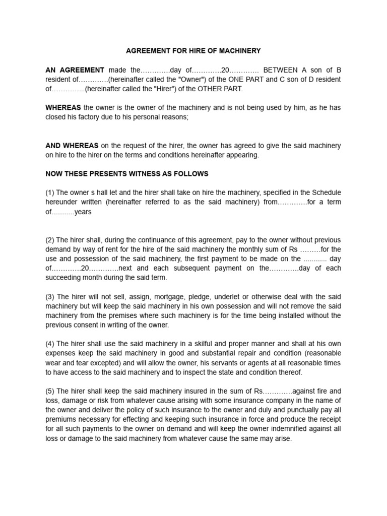 Machinery Hire Agreement Template | PDF | Insurance | Breach Of Contract