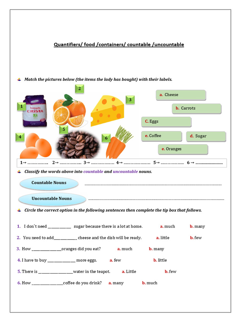 Quantifiers/ Food /containers/ Countable /uncountable | PDF