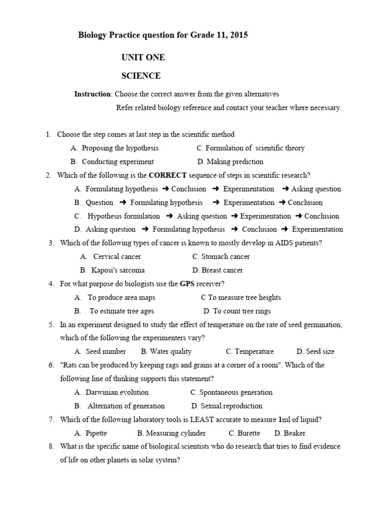 Grade 11 Biology Practice Quiz | PDF | Science & Mathematics | Wellness