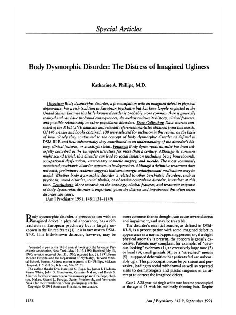 Body Dysmorphic Disorder The Distress of Imagined Ugliness 1991 | PDF ...