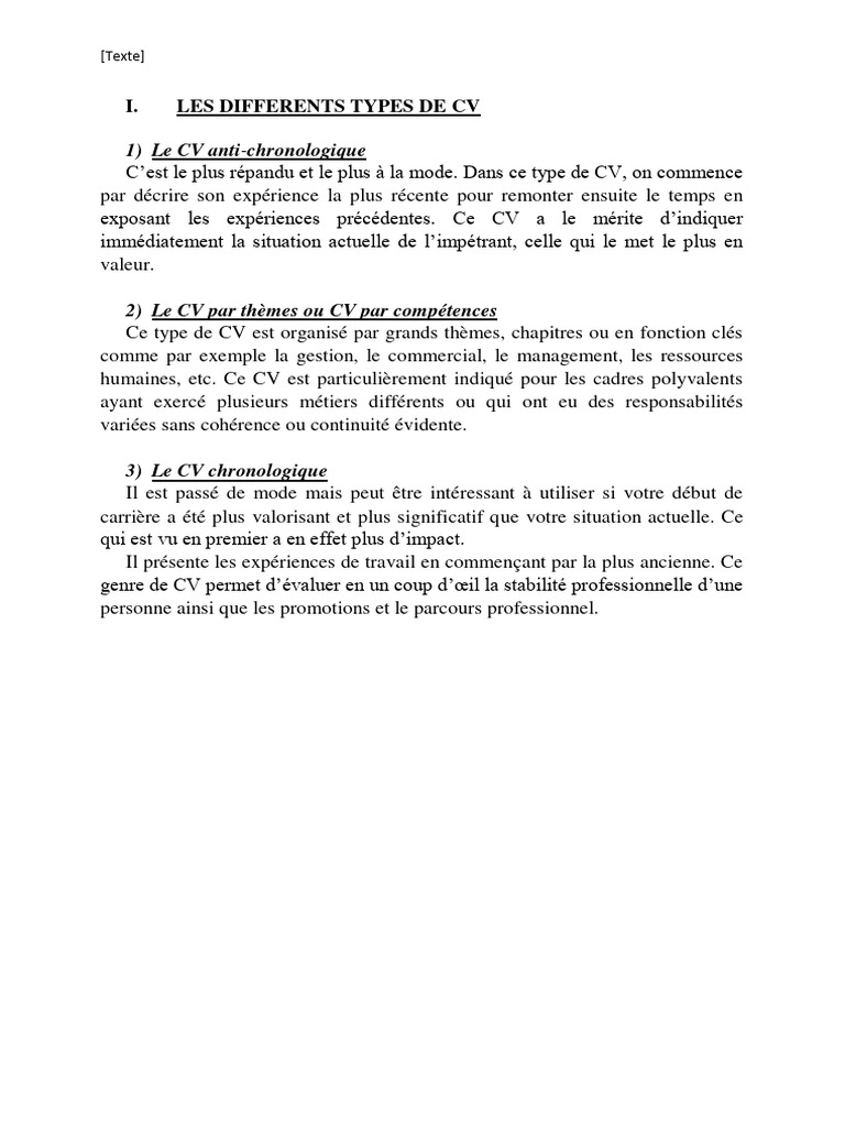 Types de CV : Guide Complet | PDF | Évolution de carrière