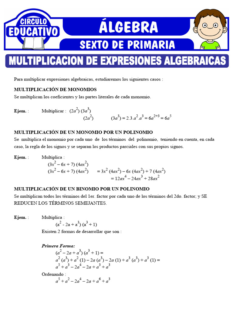 Multiplicacion de Expresiones Algebraicas para Sexto de Primaria | PDF ...