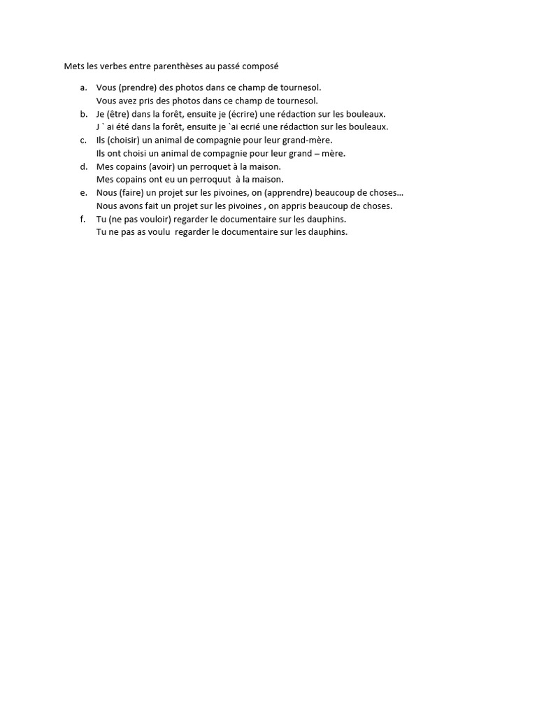 Mets Les Verbes Entre Parenthèses Au Passé Composé | PDF